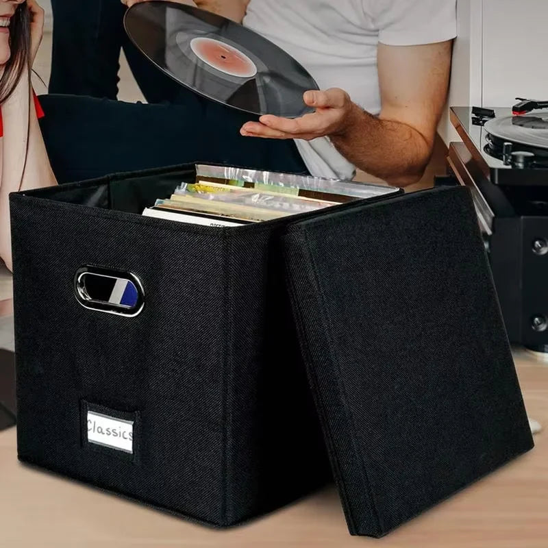 Vinyl Record Storage Box for up to 50+ 12-Inch Albums, Records Crate, LP Album Storage, Fabric Storage Boxes with Lids